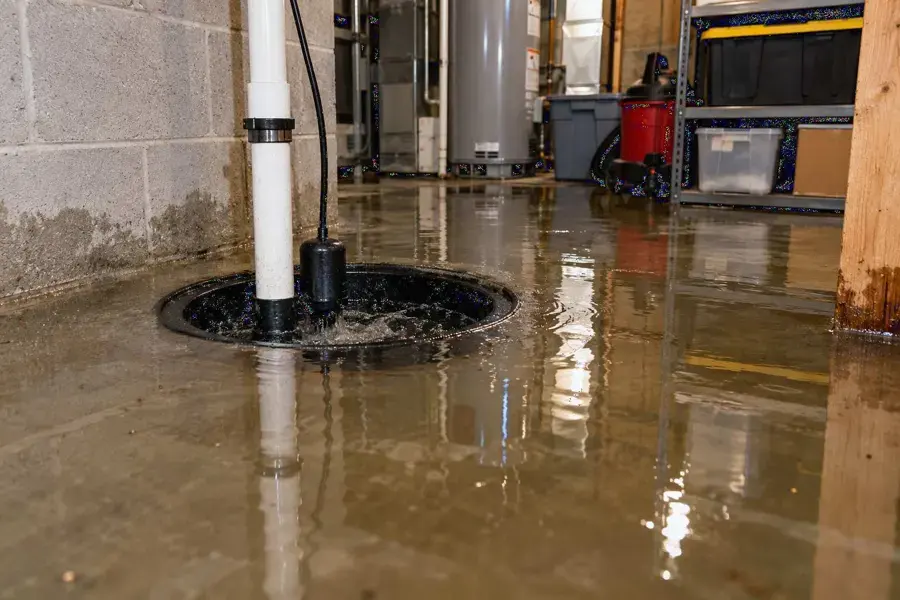 Water across a basement floor around a sump pit in Rochester, MI