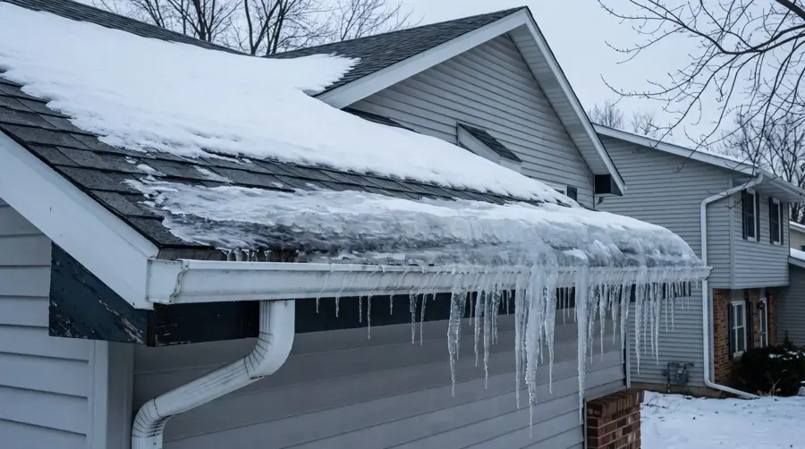 Ice dam and icicles along the gutter of a Rochester Hills home in winter