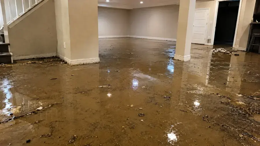 Standing water across a finished lower level in Rochester, MI