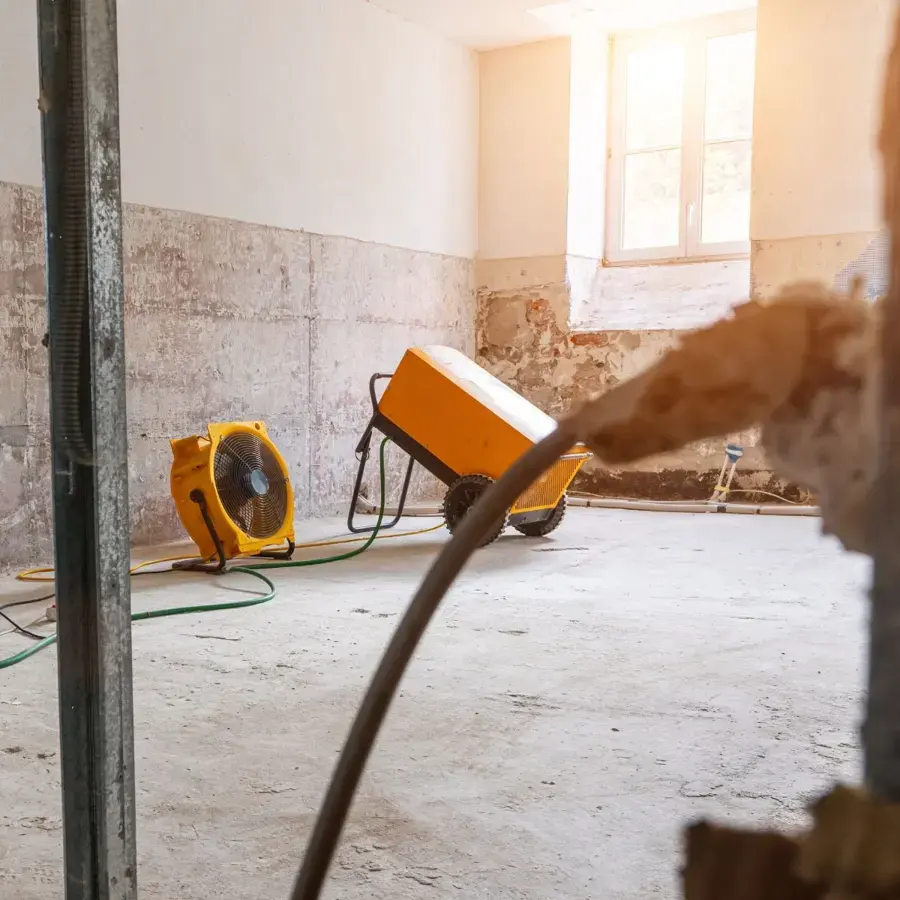 Air mover and dehumidifier drying a gutted basement after water damage in Rochester, MI