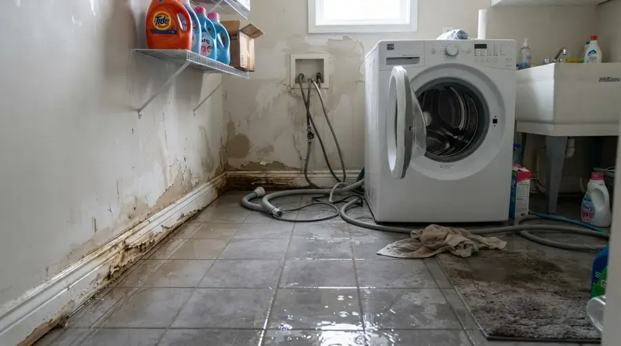 Laundry room floor wet from a failed washer hose in Rochester, MI
