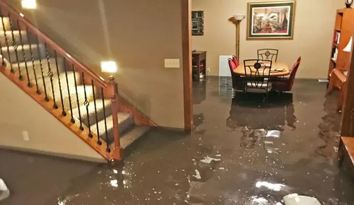 Flooded finished basement with water at the foot of the stairs in Rochester, MI