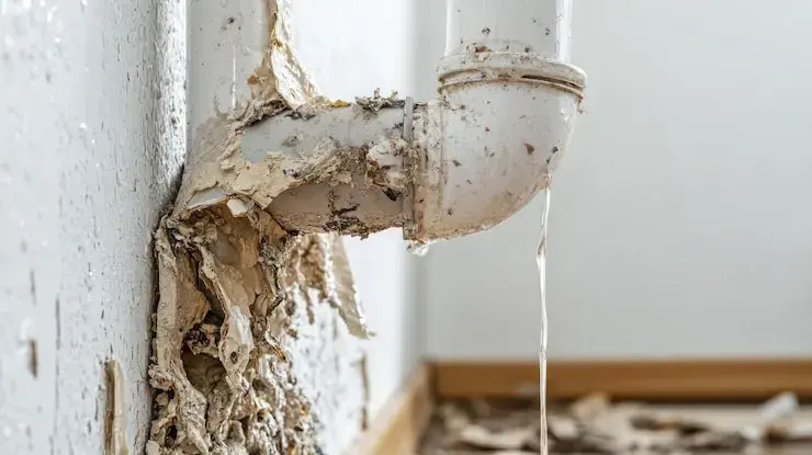 Water pouring from a broken pipe through a torn wall in a Rochester home