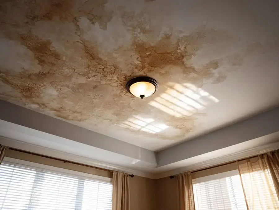 Brown water stain spreading across a living room ceiling in Rochester, MI