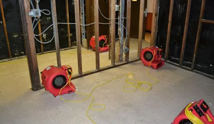 Air movers drying open wall framing after a water loss in Rochester, MI