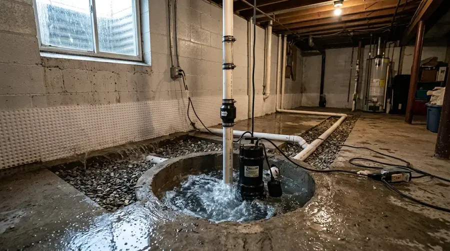 Sump pit overflowing across an unfinished basement floor in Rochester, MI